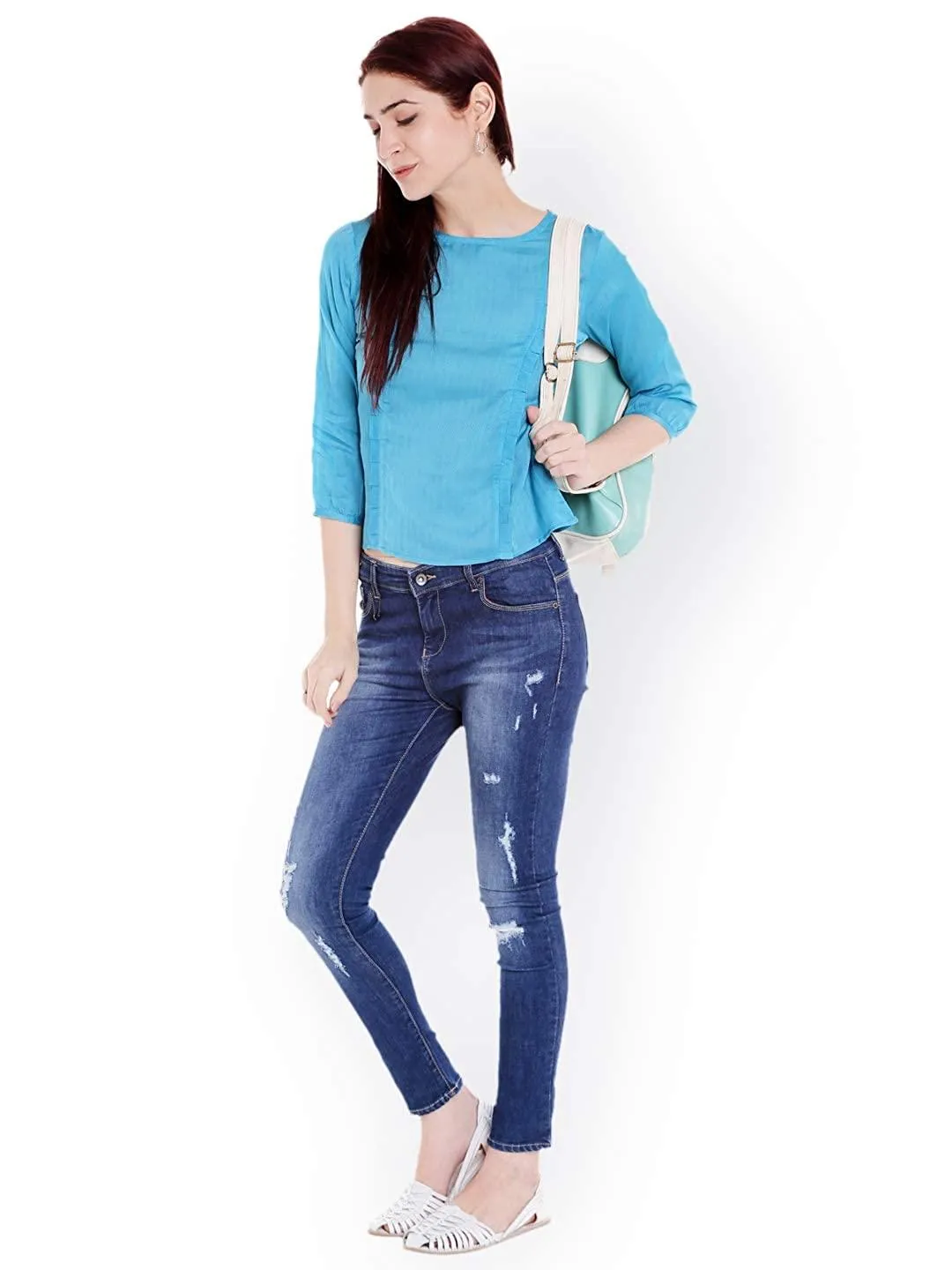 Style Quotient Women Blue Round Neck Solid Fashion Tops