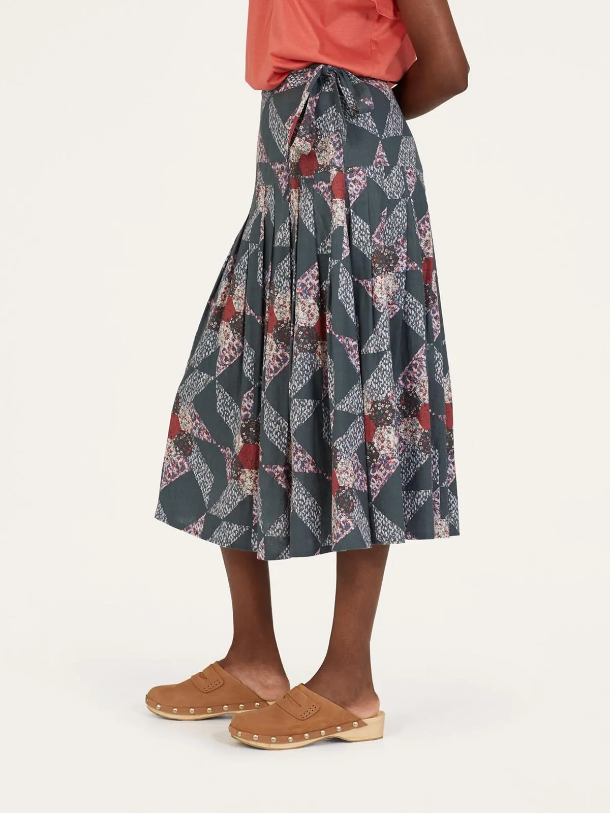 Tarni Hemp Patchwork Midi Skirt - Dark Eucalyptus Green