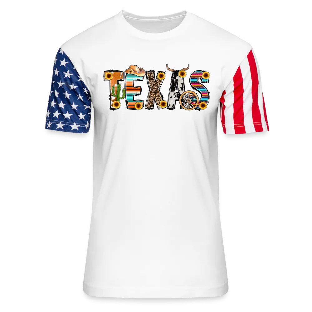 Texan Pride Unleashed: American Flag Sleeve Shirt with Iconic Texas Icons