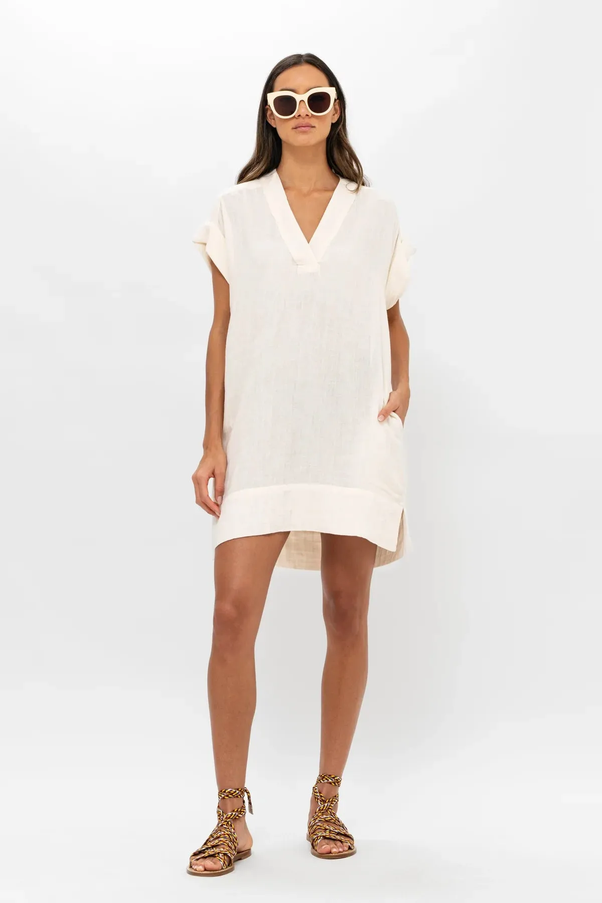 V-Neck Roll Sleeve Mini Dress - Bahama White