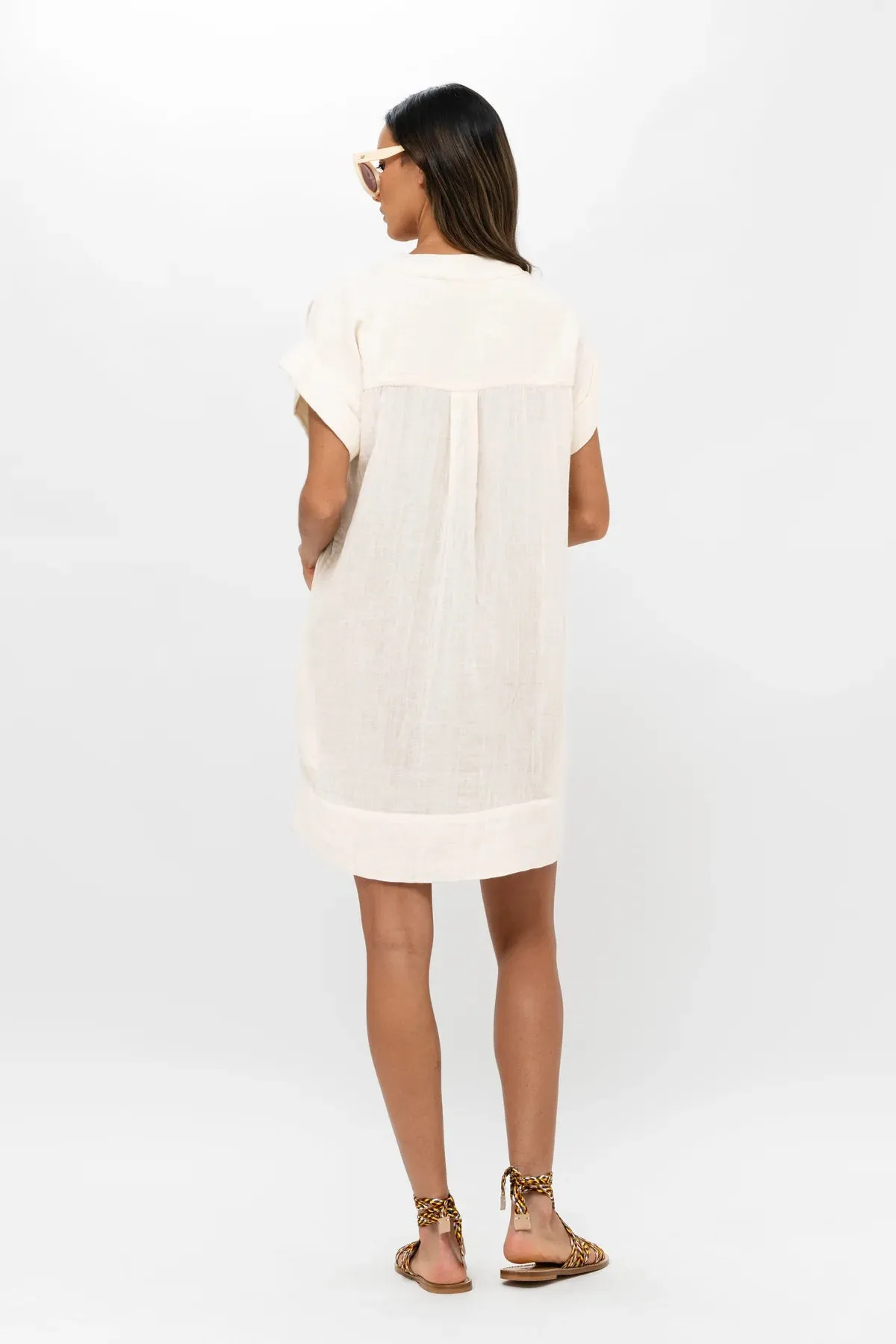 V-Neck Roll Sleeve Mini Dress - Bahama White