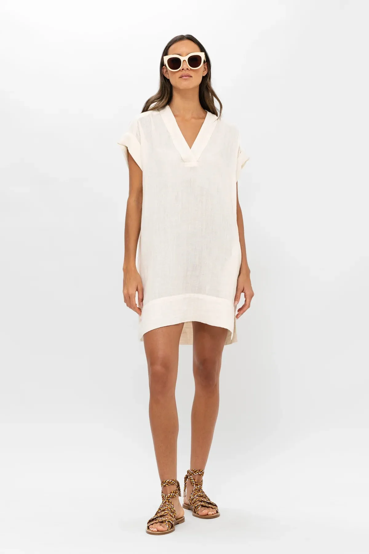 V-Neck Roll Sleeve Mini Dress - Bahama White