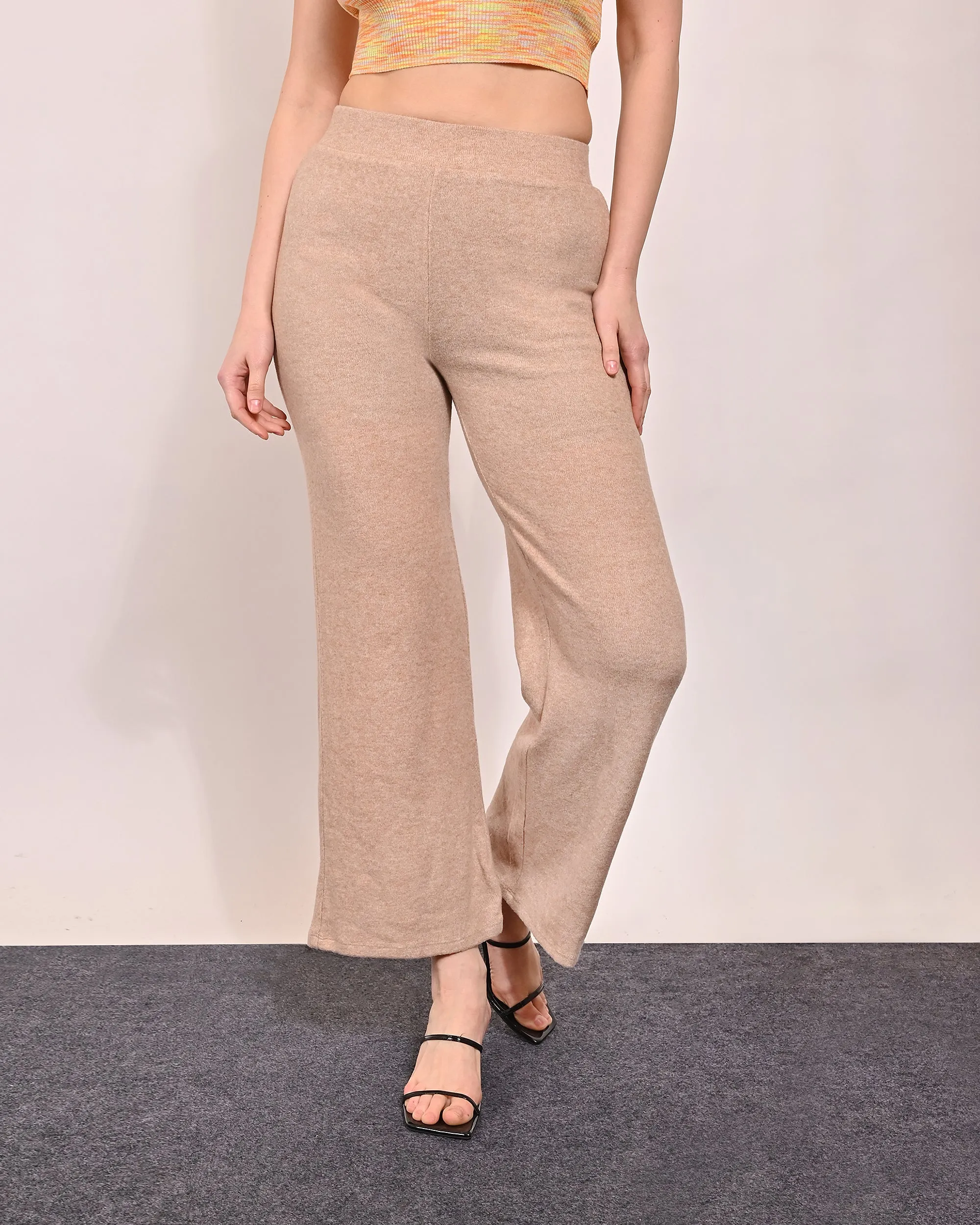 Women Beige Flared Fleece Pants