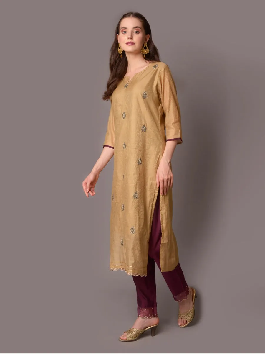 Women Beige Solid Kurta Trouser Dupatta