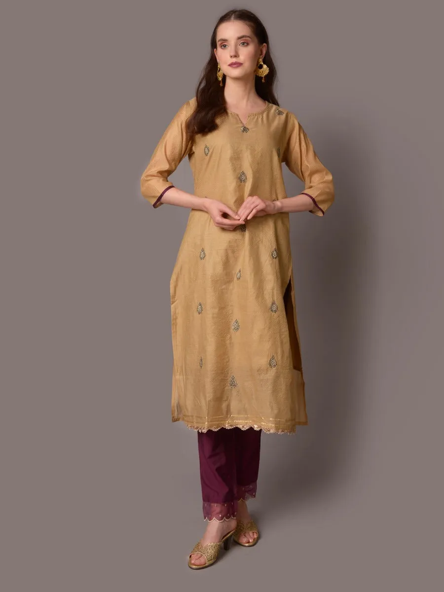 Women Beige Solid Kurta Trouser Dupatta