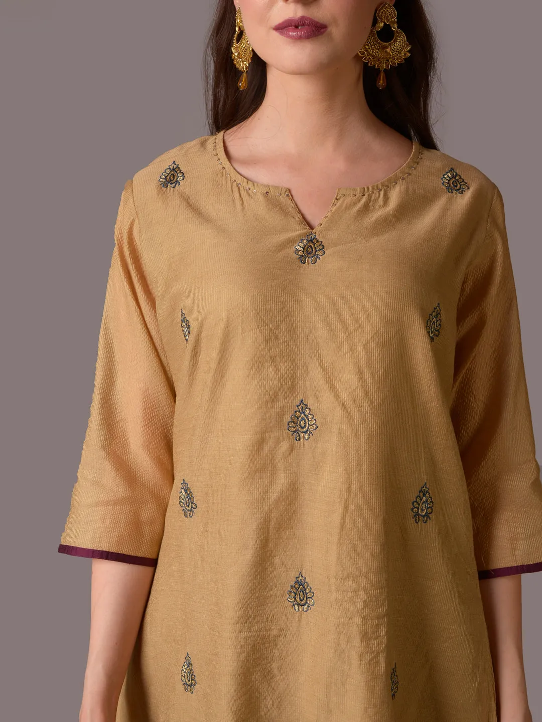 Women Beige Solid Kurta Trouser Dupatta