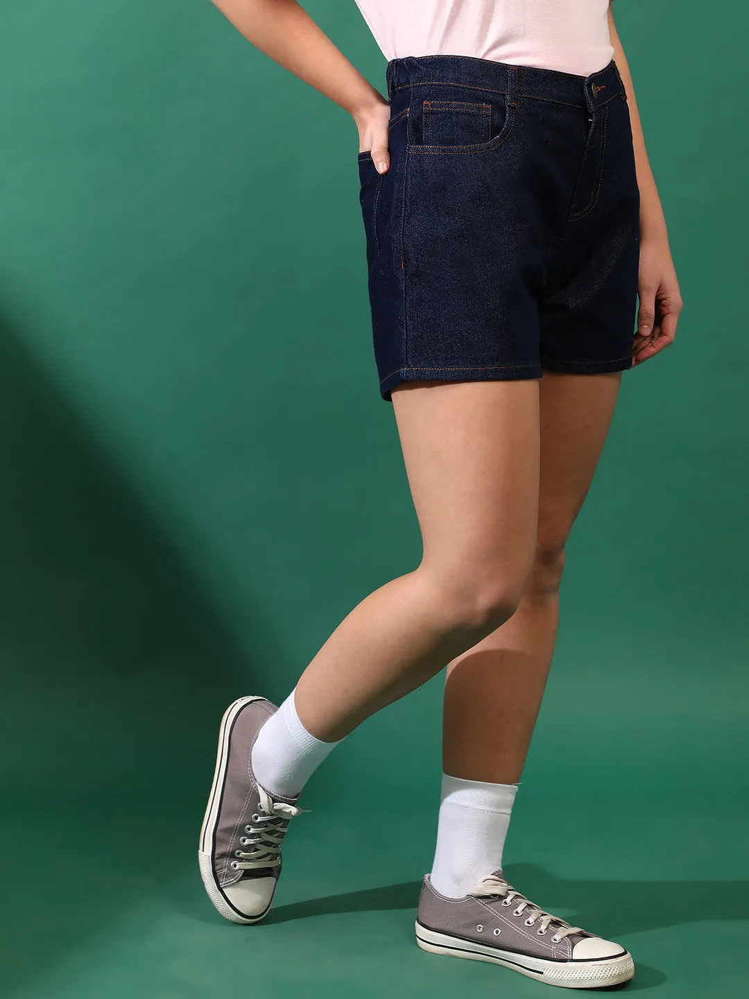 Women Denim solid Dark Blue Shorts