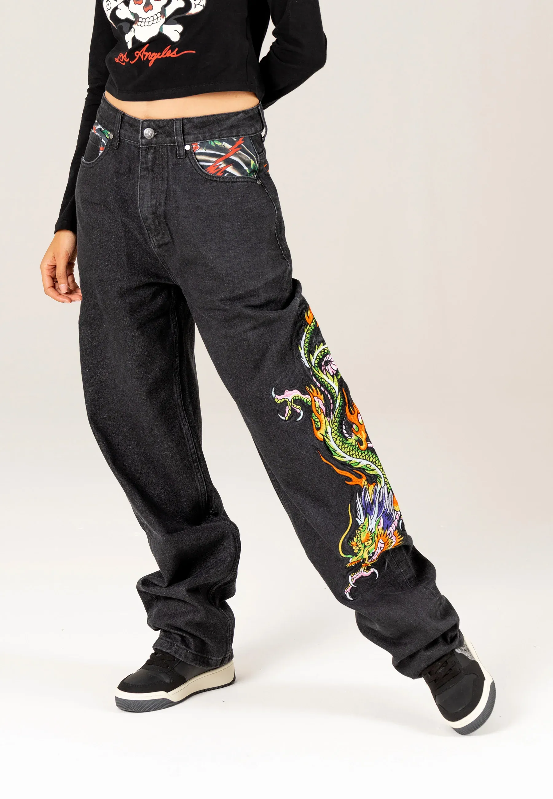 Womens Crawling Dragon Relaxed Fit Denim Trousers Jeans - Black