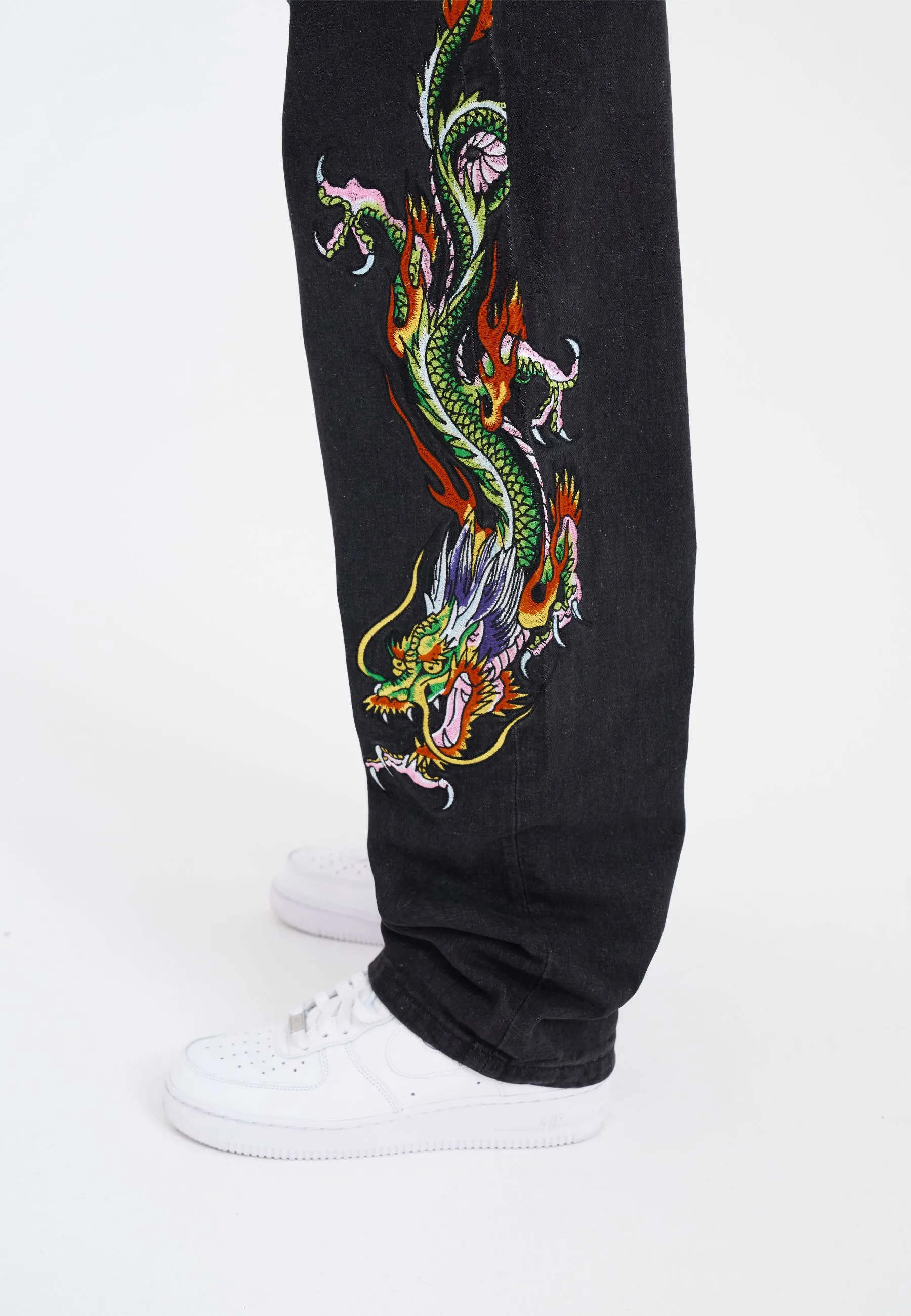 Womens Crawling Dragon Relaxed Fit Denim Trousers Jeans - Black