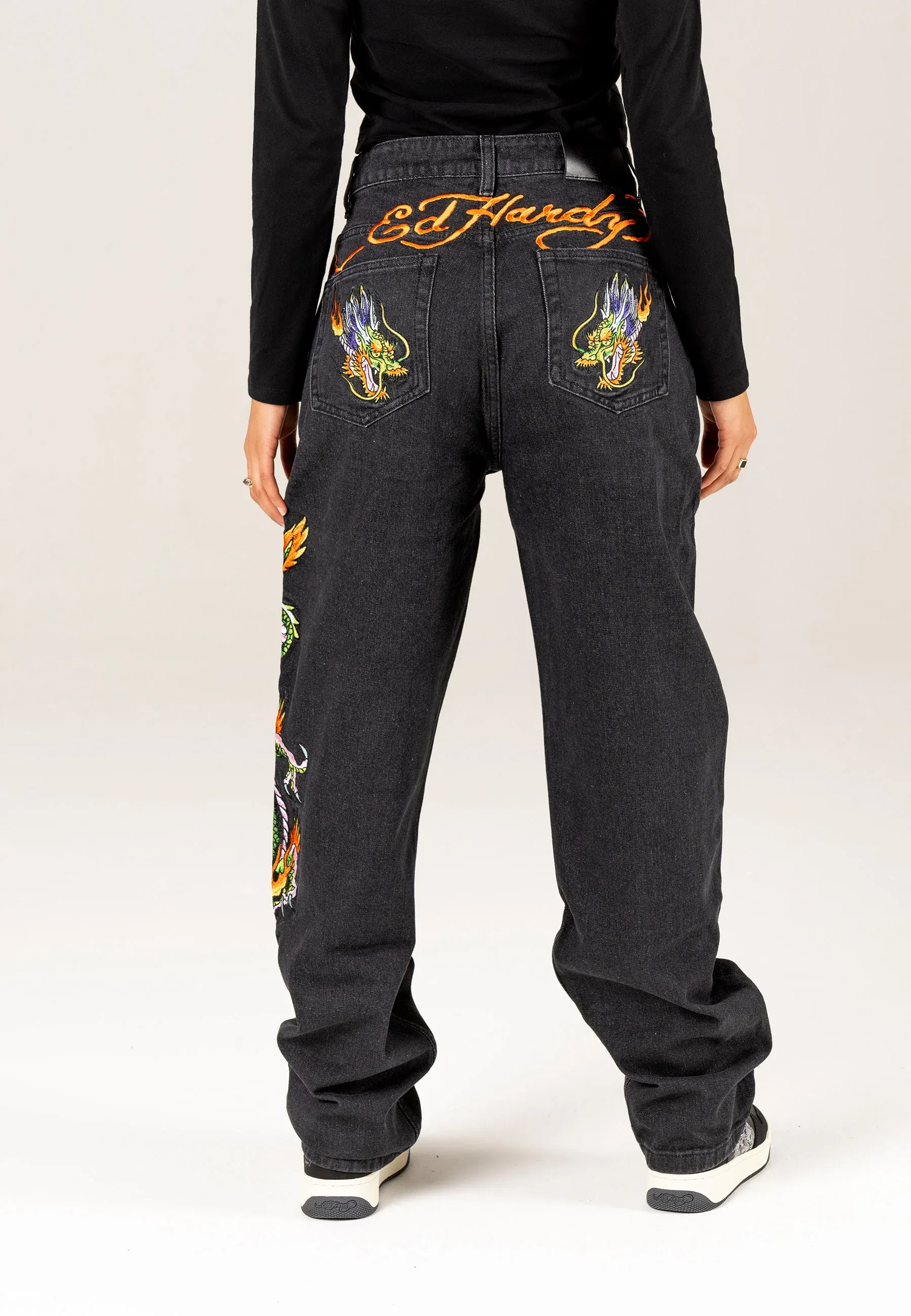 Womens Crawling Dragon Relaxed Fit Denim Trousers Jeans - Black