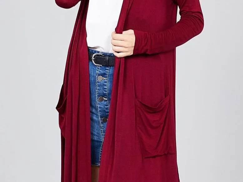 Womens Maroon Cardigan | Open Front Sweater | Long Duster